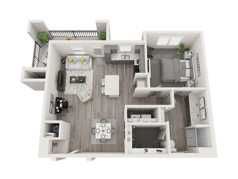 Floor plan for 1 bed, 1 bath, 902 sqft